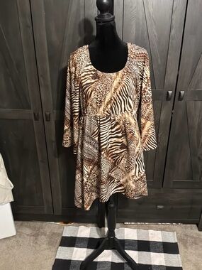 Animal Print Babydoll Tunic Dress - Brown & Black